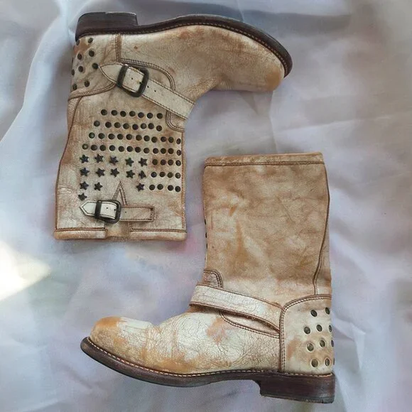 BedStu Whacky II Studded Cream & Tan Leather Boots, EU 39, best for US 8.5 - 9 - Picture 1 of 5
